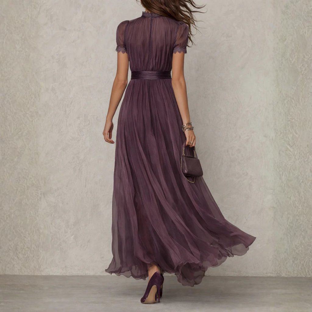 Ophelia | Pleated Chiffon Maxi Dress with Lace Trim
