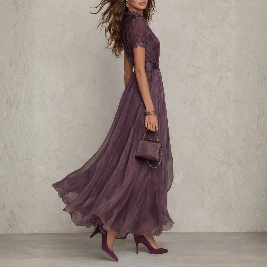 Ophelia | Pleated Chiffon Maxi Dress with Lace Trim
