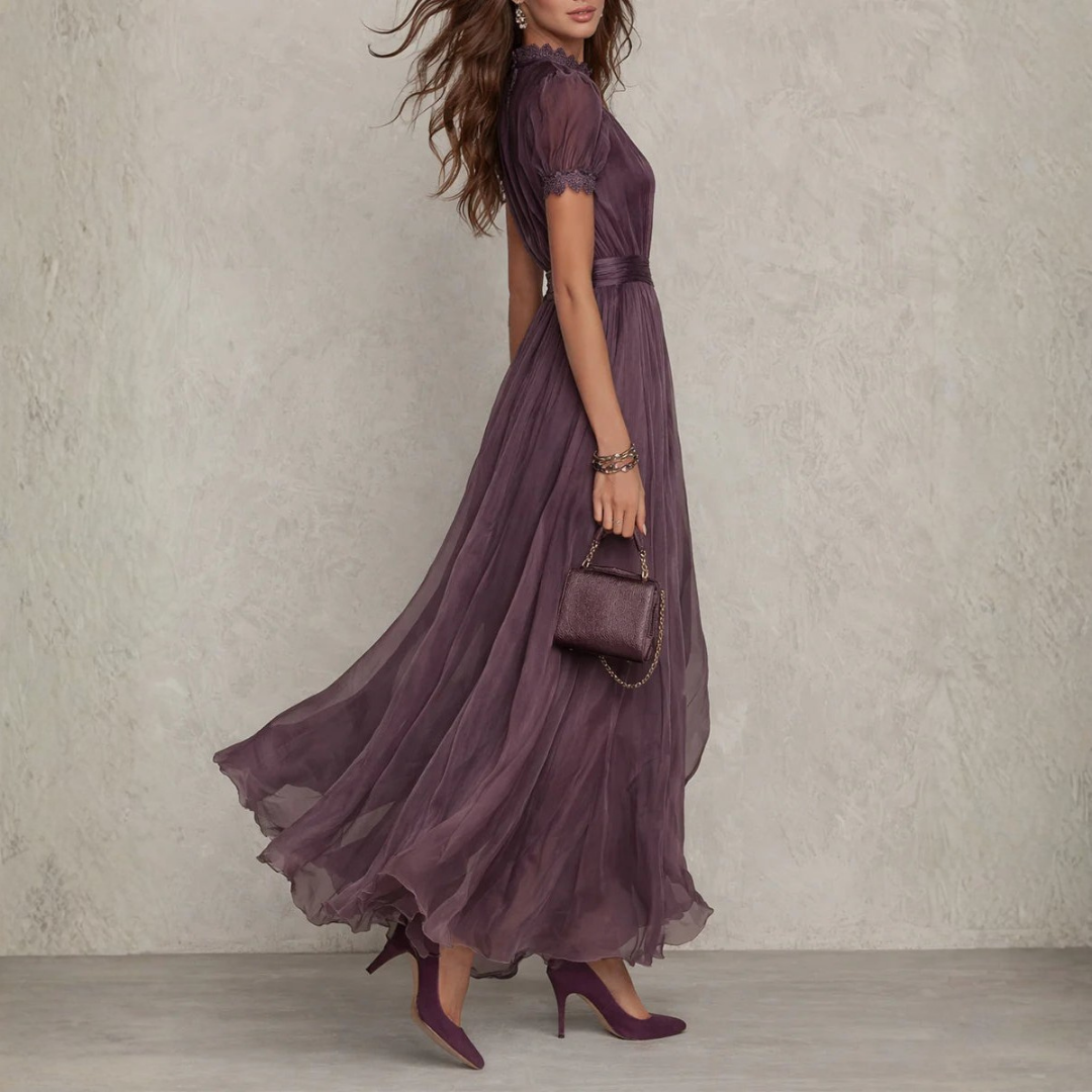 Ophelia | Pleated Chiffon Maxi Dress with Lace Trim