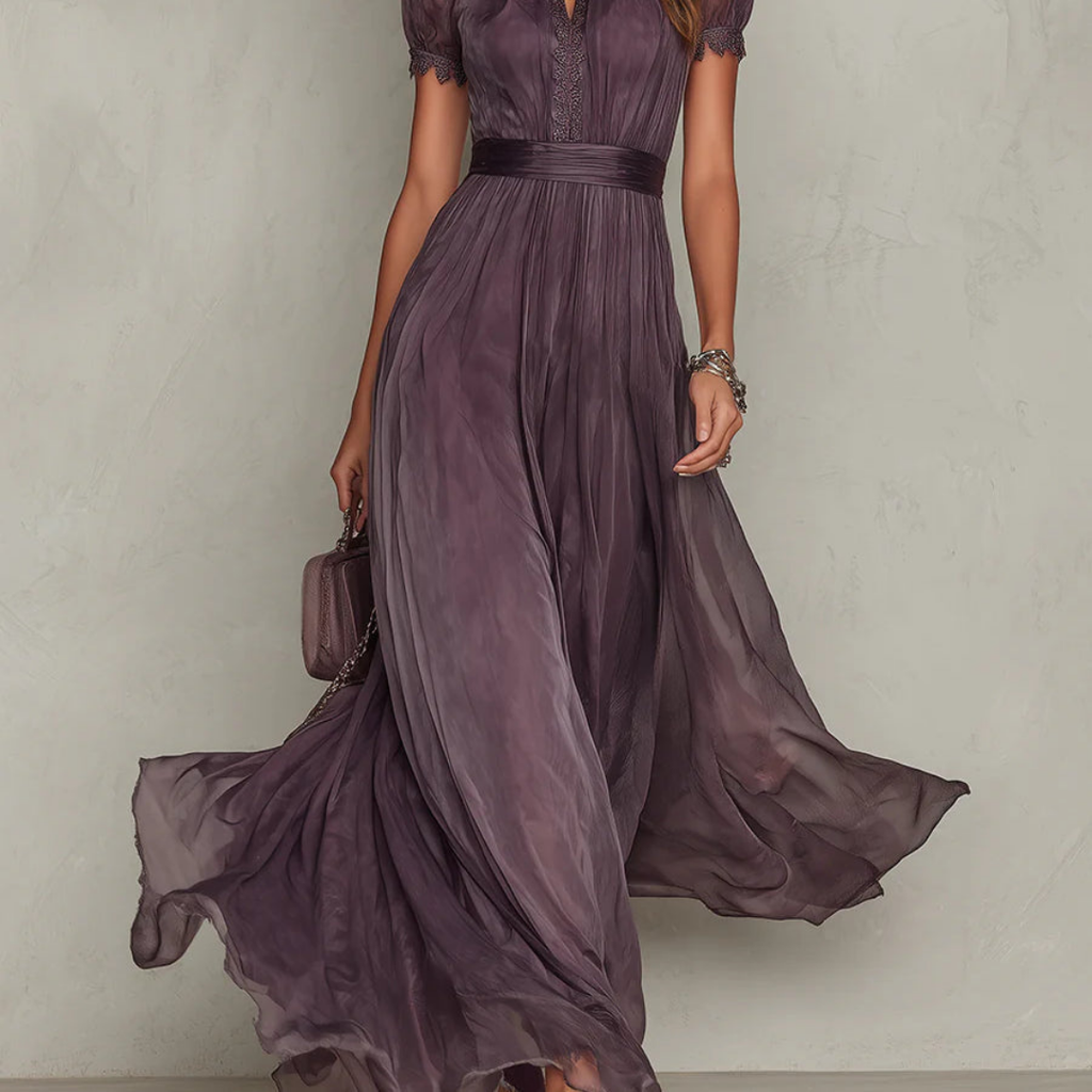 Ophelia | Pleated Chiffon Maxi Dress with Lace Trim