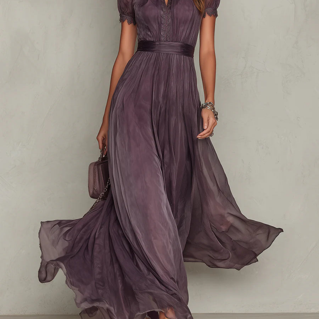 Ophelia | Pleated Chiffon Maxi Dress with Lace Trim
