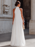 Isadora | Pleated Halter Neck Flowing White Maxi Dress