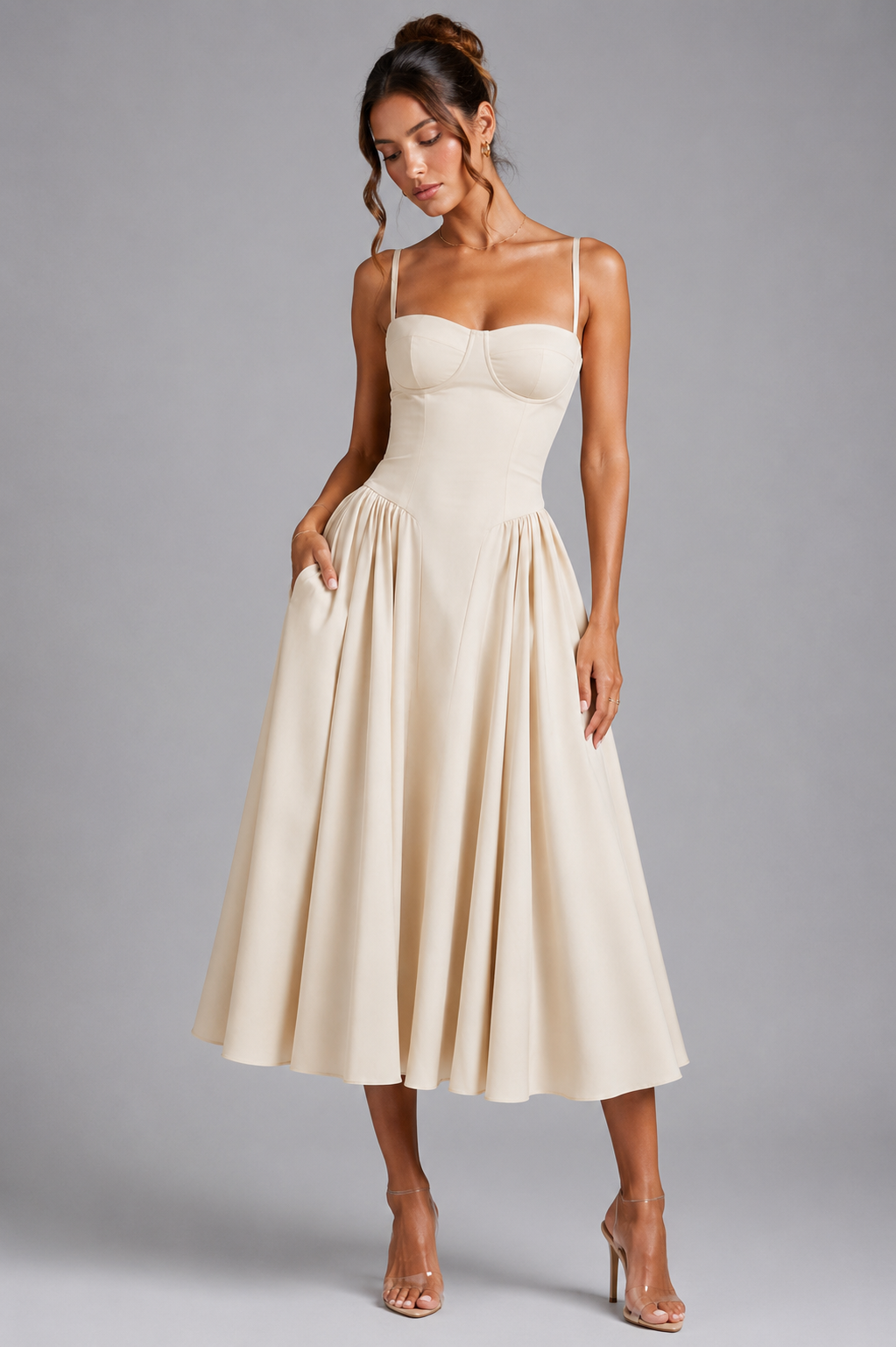 Giselle | Corset Midi Dress with Full Skirt & Lace-Up Back