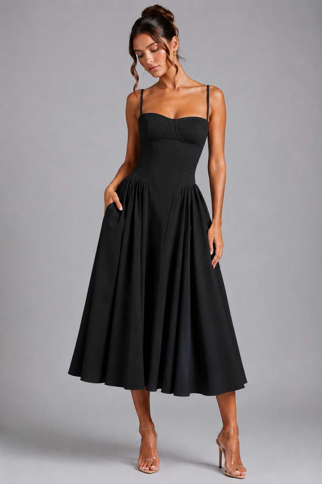 Giselle | Corset Midi Dress with Full Skirt & Lace-Up Back