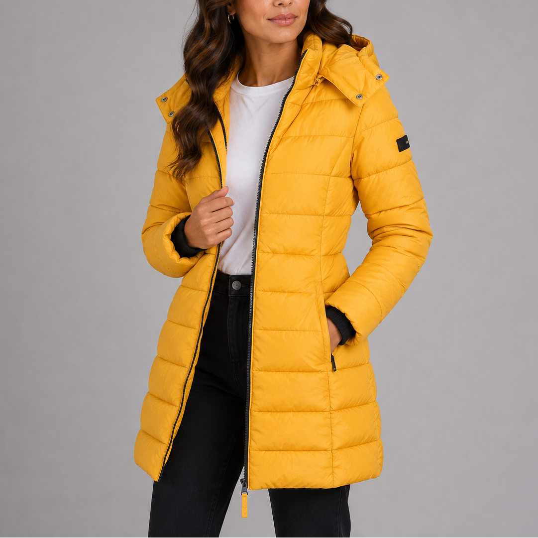 Constance | Womens Long Black Puffer Coat for Winter — Yellow