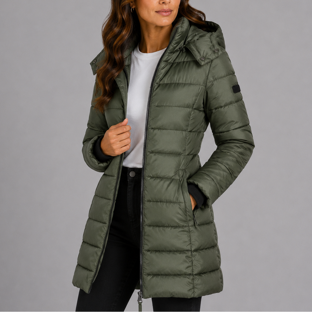 Constance | Womens Long Black Puffer Coat for Winter — Green