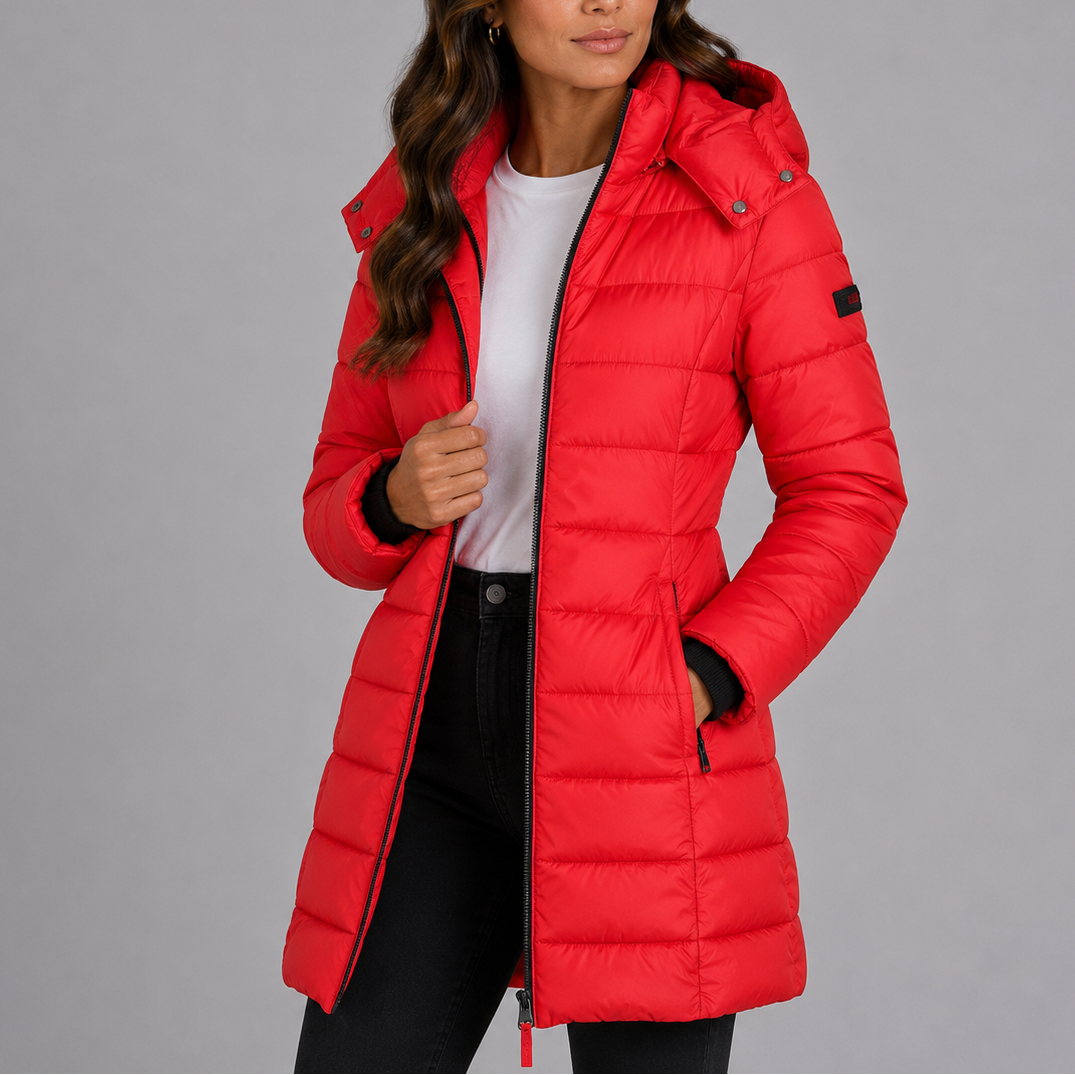 Constance | Womens Long Black Puffer Coat for Winter — Red