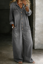 Juliette | Women Long Sleeve Wide Leg Casual Jumpsuit — Grey