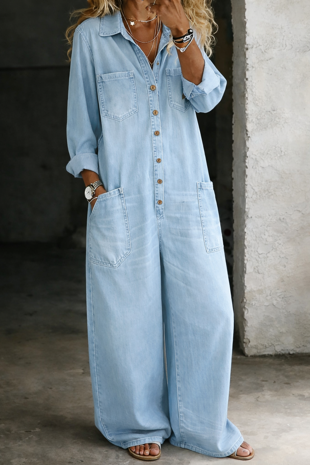 Juliette | Women Long Sleeve Wide Leg Casual Jumpsuit — Light Blue