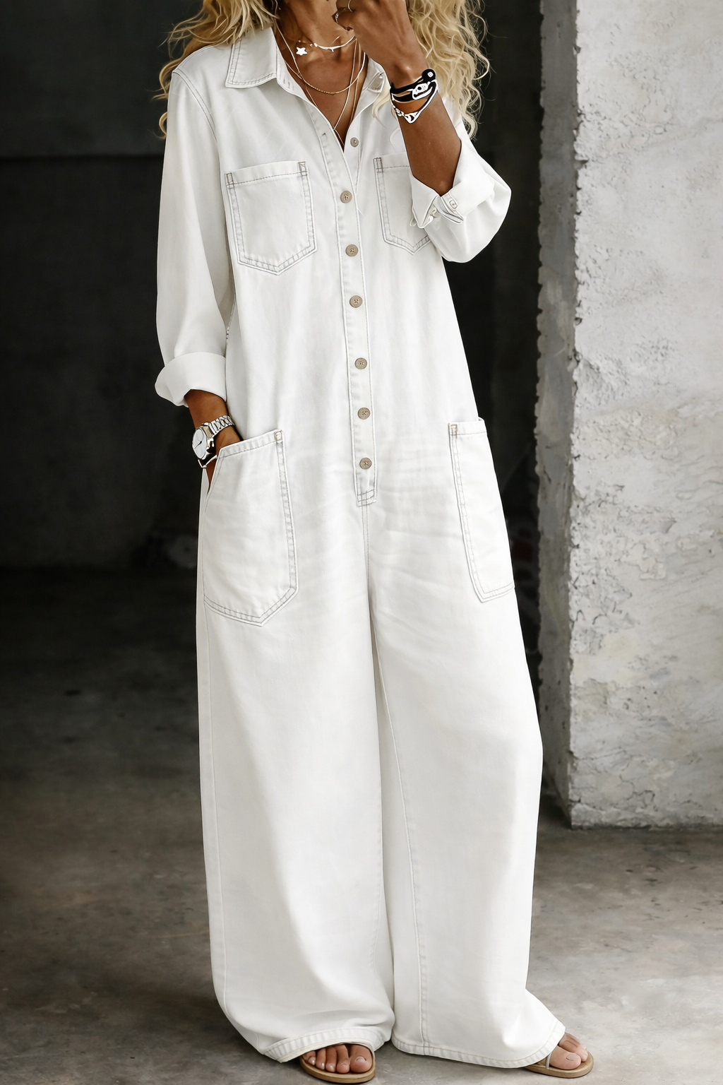 Juliette | Women Long Sleeve Wide Leg Casual Jumpsuit — White