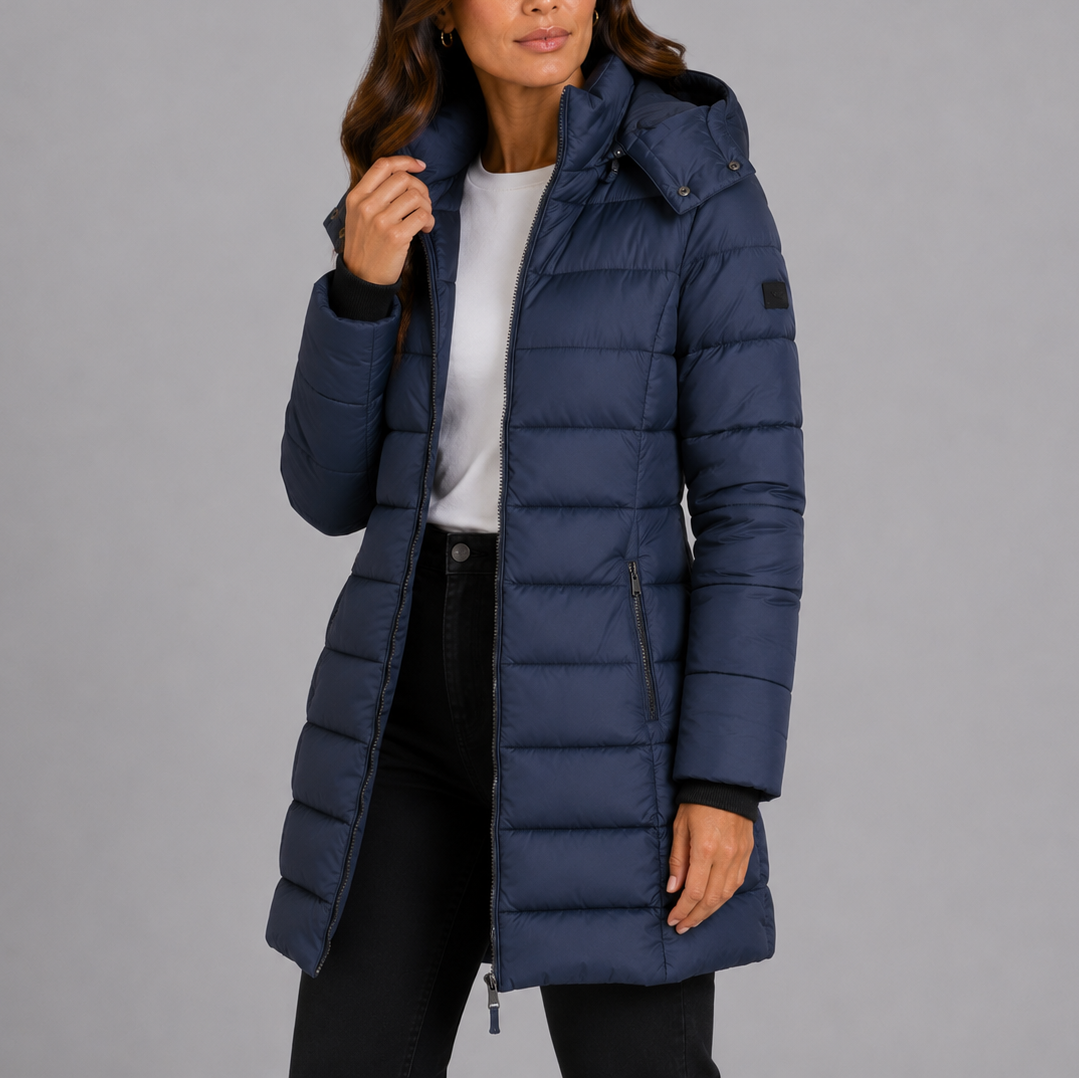 Constance | Womens Long Black Puffer Coat for Winter — Navy