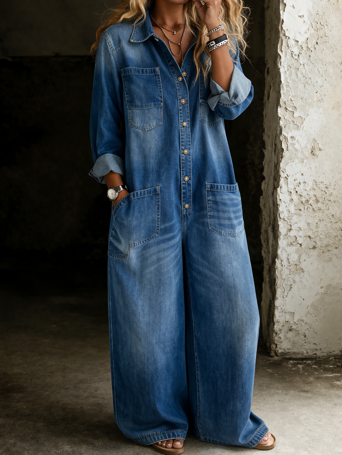 Juliette | Women Long Sleeve Wide Leg Casual Jumpsuit — Blue