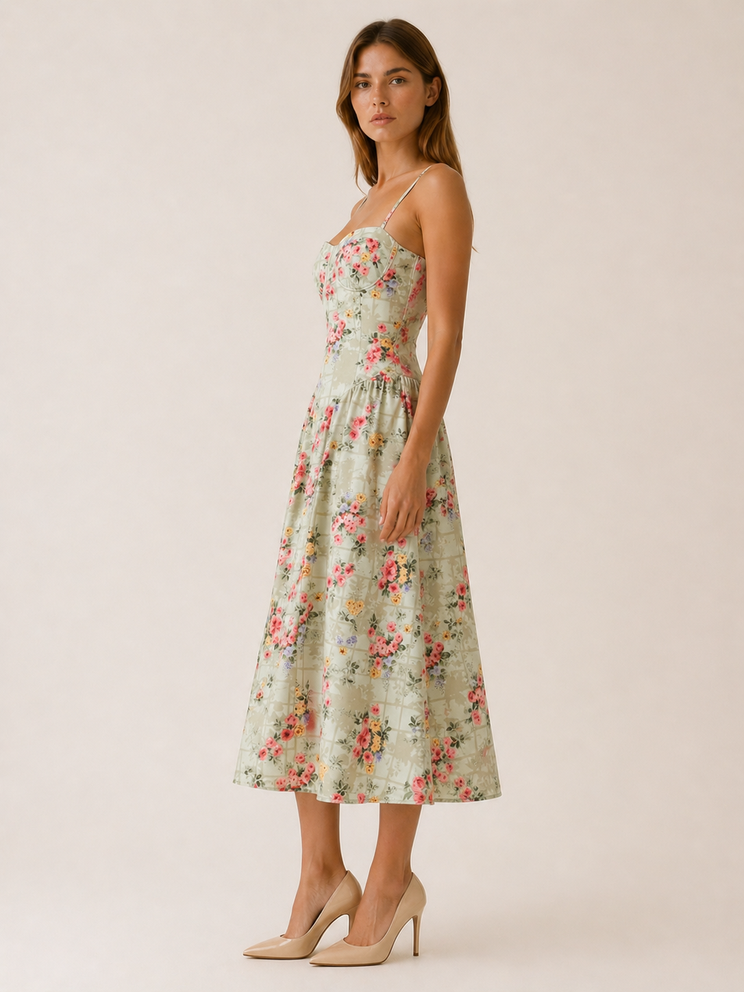 Thalia | Floral Corset Spaghetti Straps Midi Summer Dress