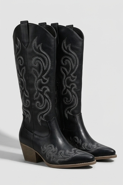 Svetlana | Black Leather Knee High Western Block Heel Boots — Black