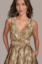 Sabine | Wrap A-Line Maxi Dress in Frosted Beige Brocade