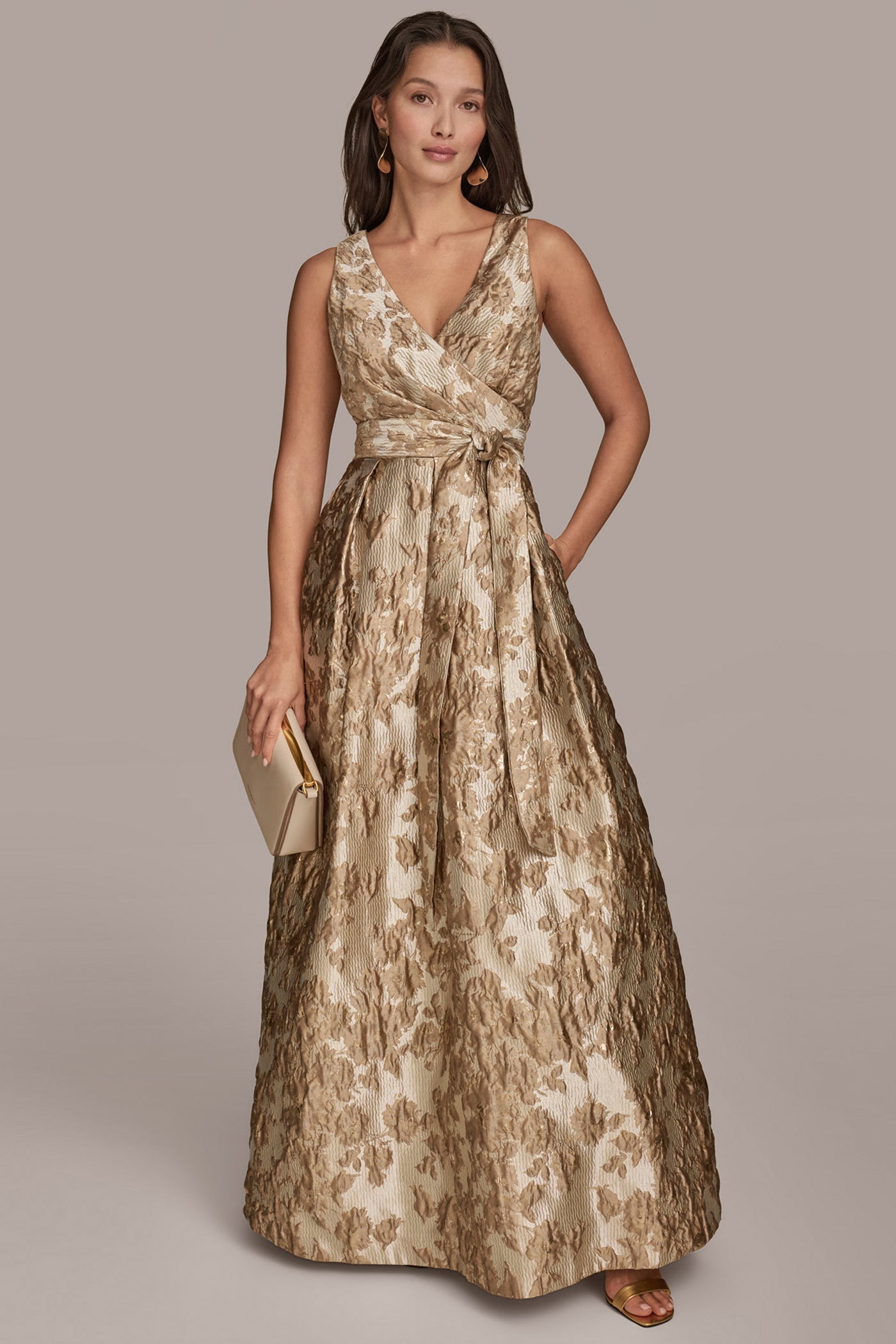 Sabine | Wrap A-Line Maxi Dress in Frosted Beige Brocade
