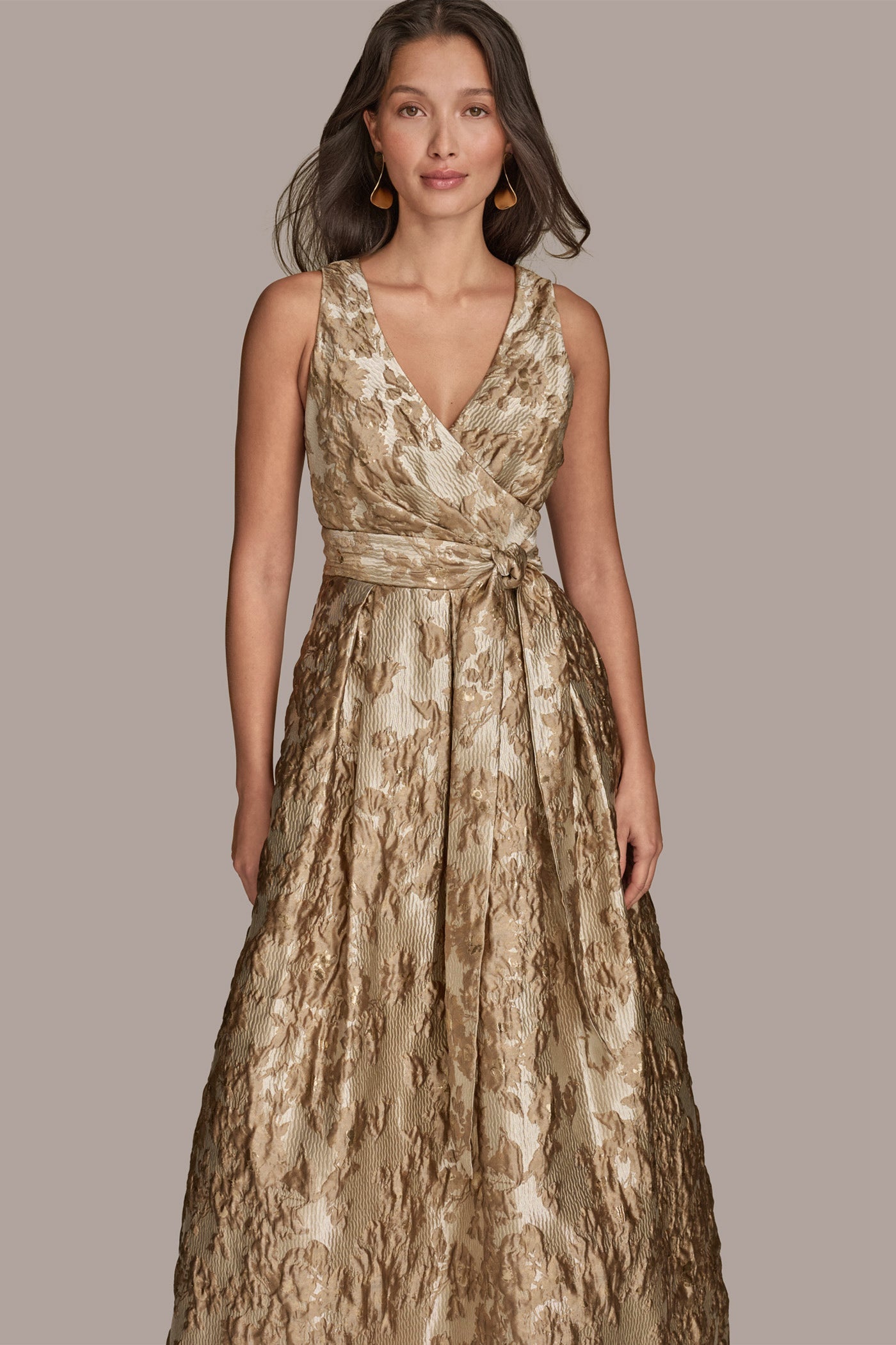 Sabine | Wrap A-Line Maxi Dress in Frosted Beige Brocade