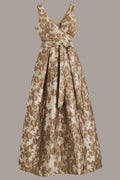 Sabine | Wrap A-Line Maxi Dress in Frosted Beige Brocade