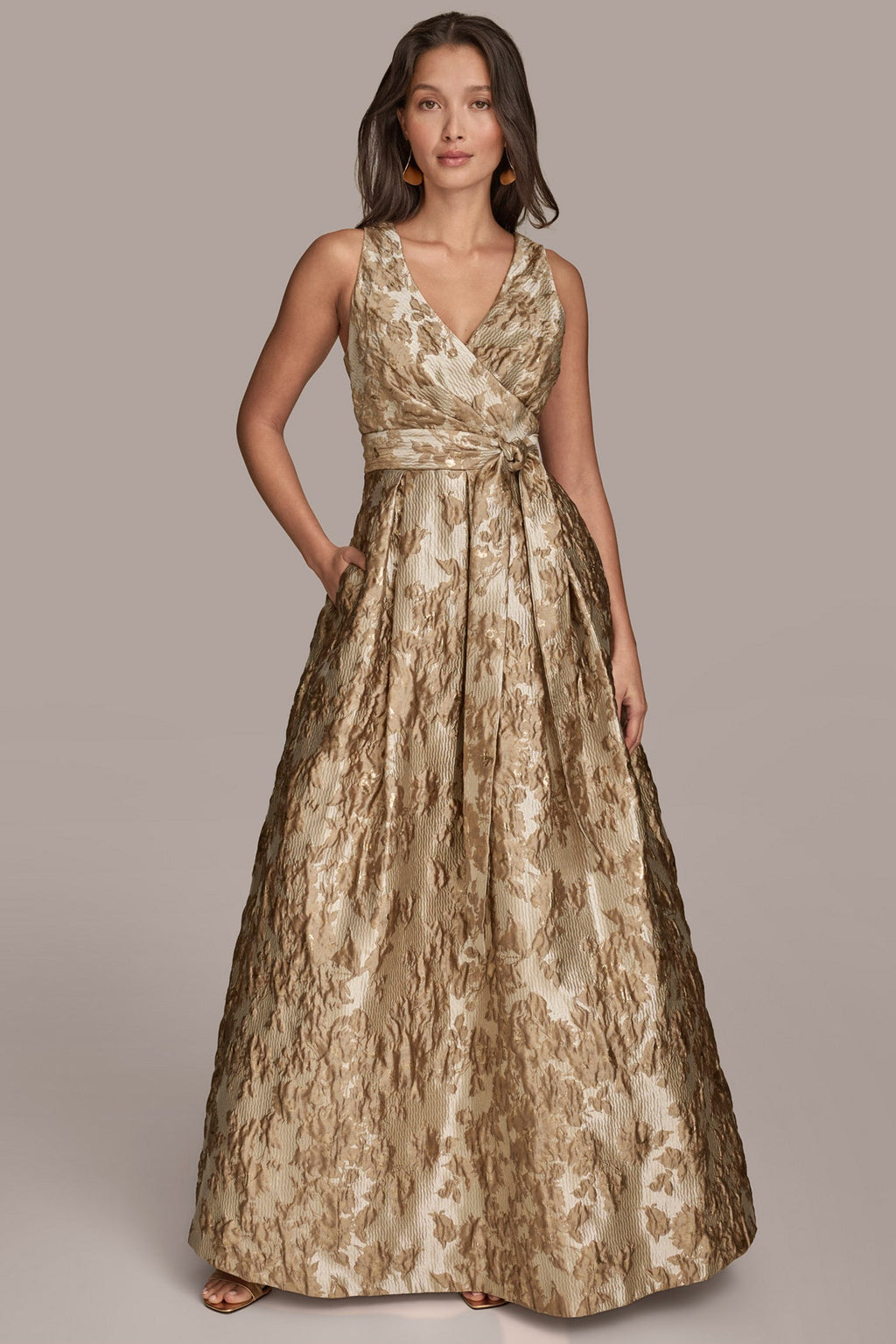 Sabine | Wrap A-Line Maxi Dress in Frosted Beige Brocade