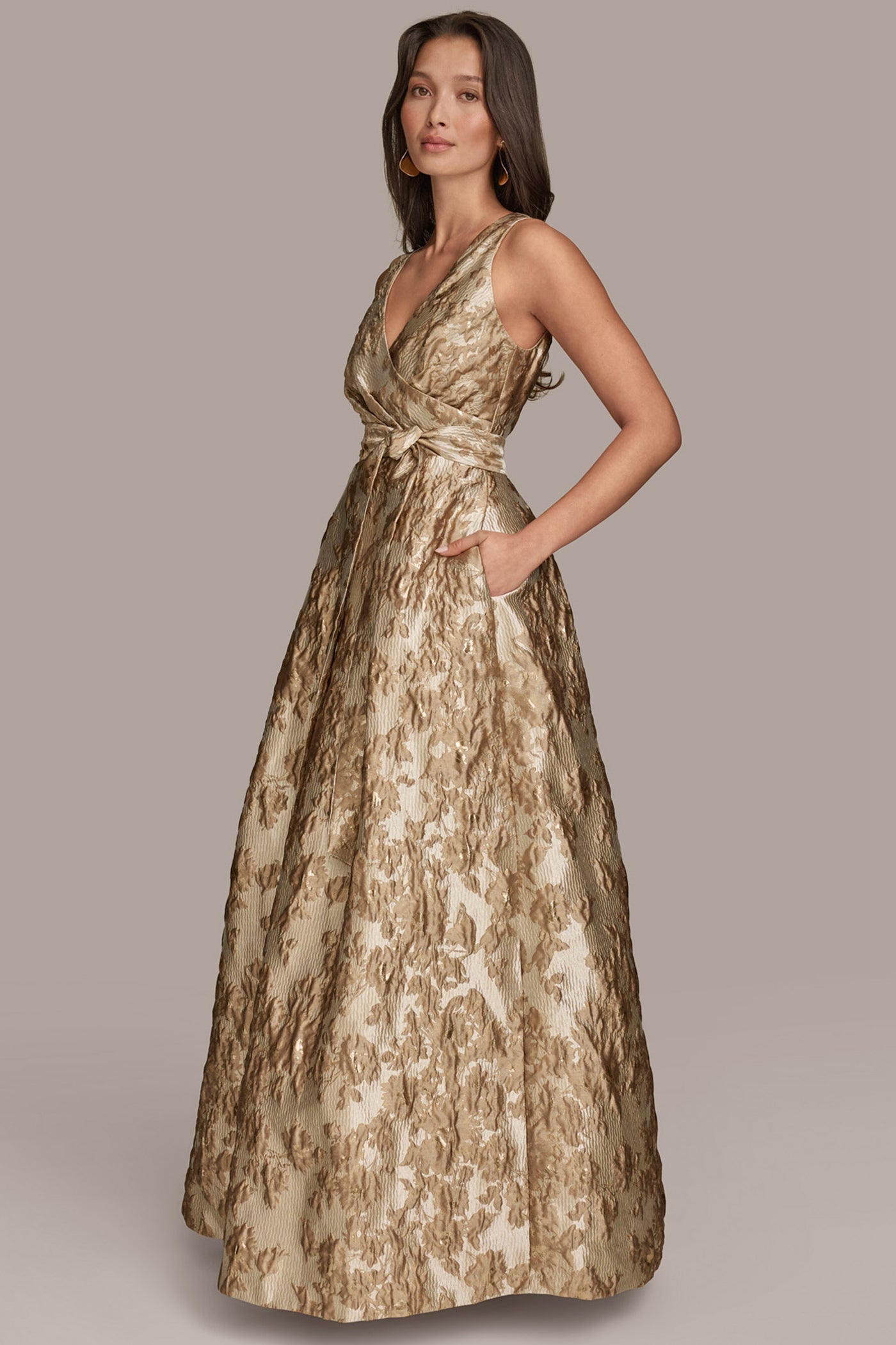 Sabine | Wrap A-Line Maxi Dress in Frosted Beige Brocade