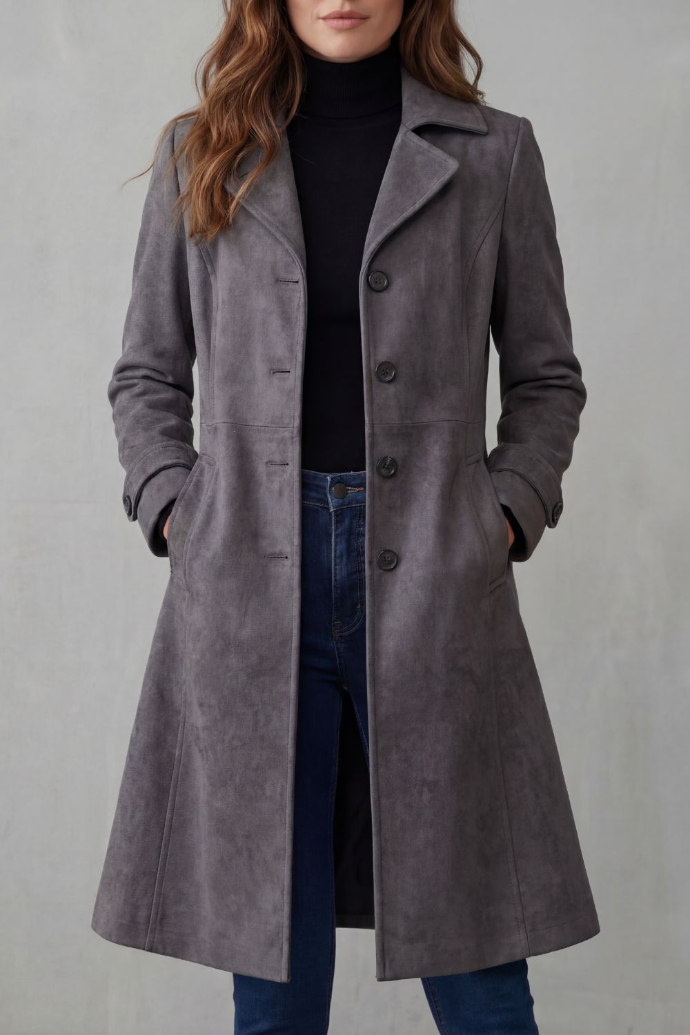 Solene | Womens Longline Coat Tailored Suede-Effect Winter — Charcoal