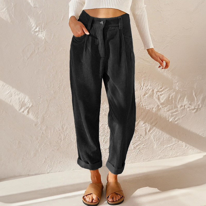 Isadora | High Waisted Black Corduroy Pleated Trousers