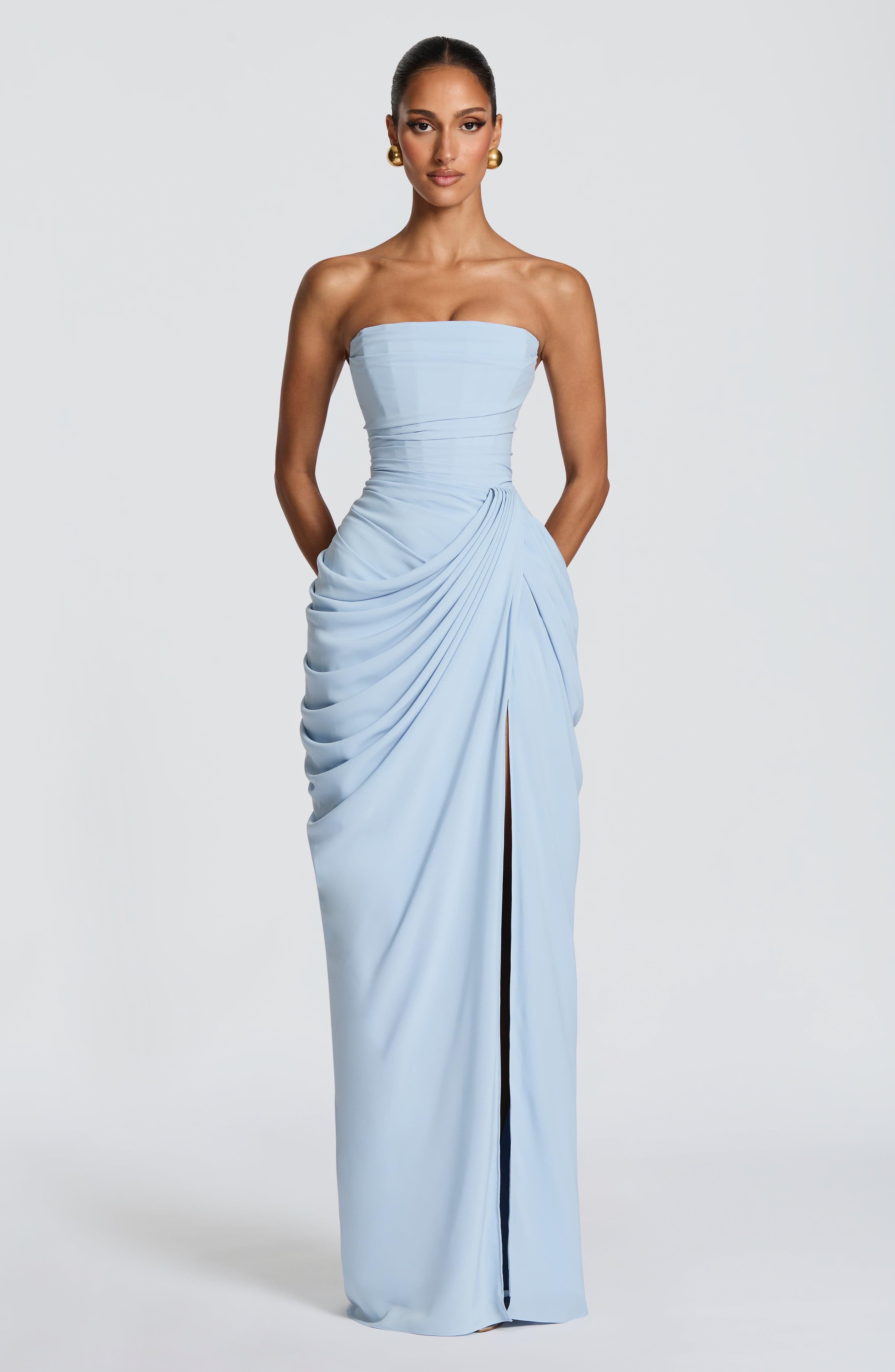 Juliette | Corset Strapless Draped Split Maxi Gala Dress