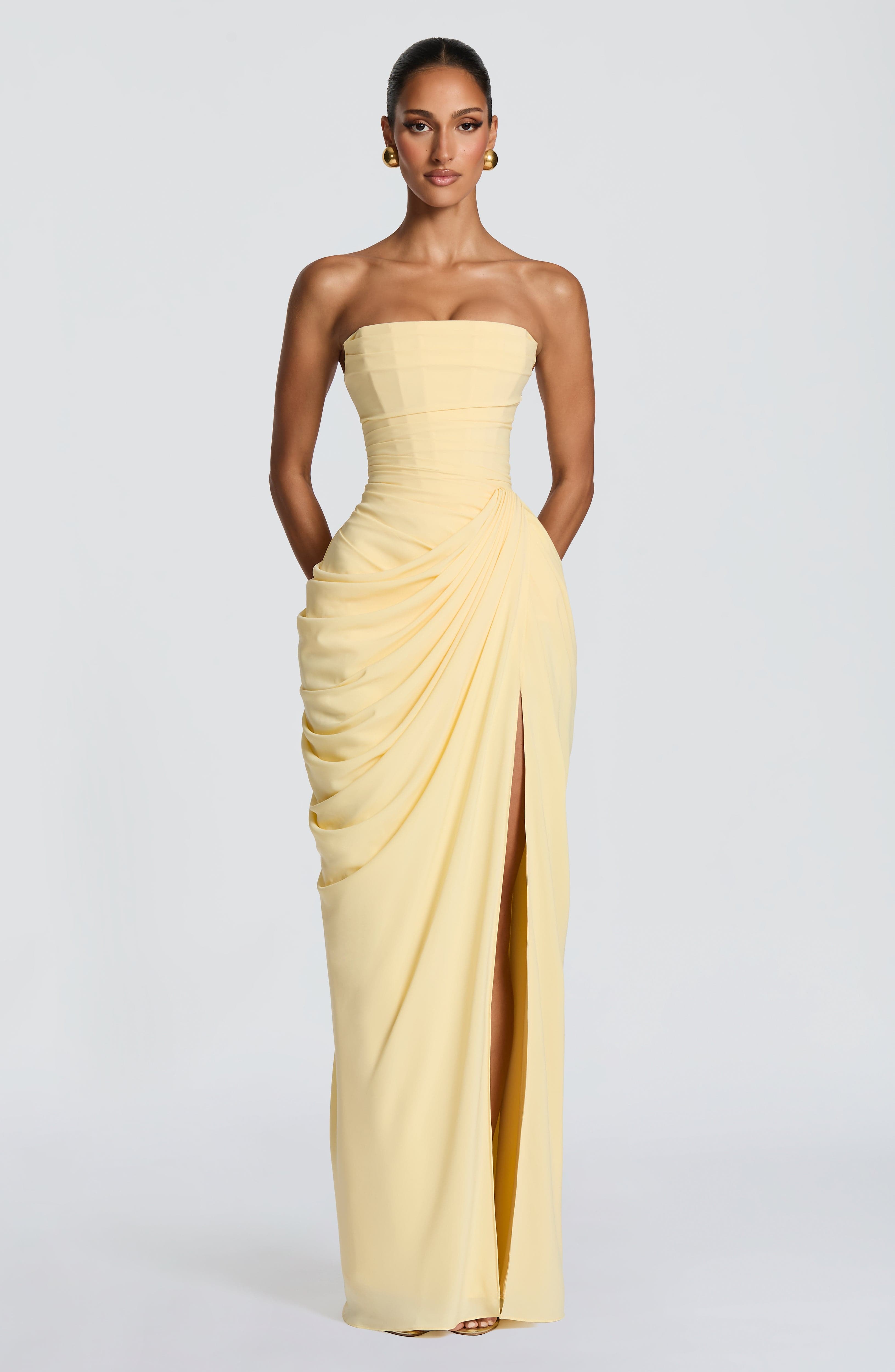 Juliette | Corset Strapless Draped Split Maxi Gala Dress