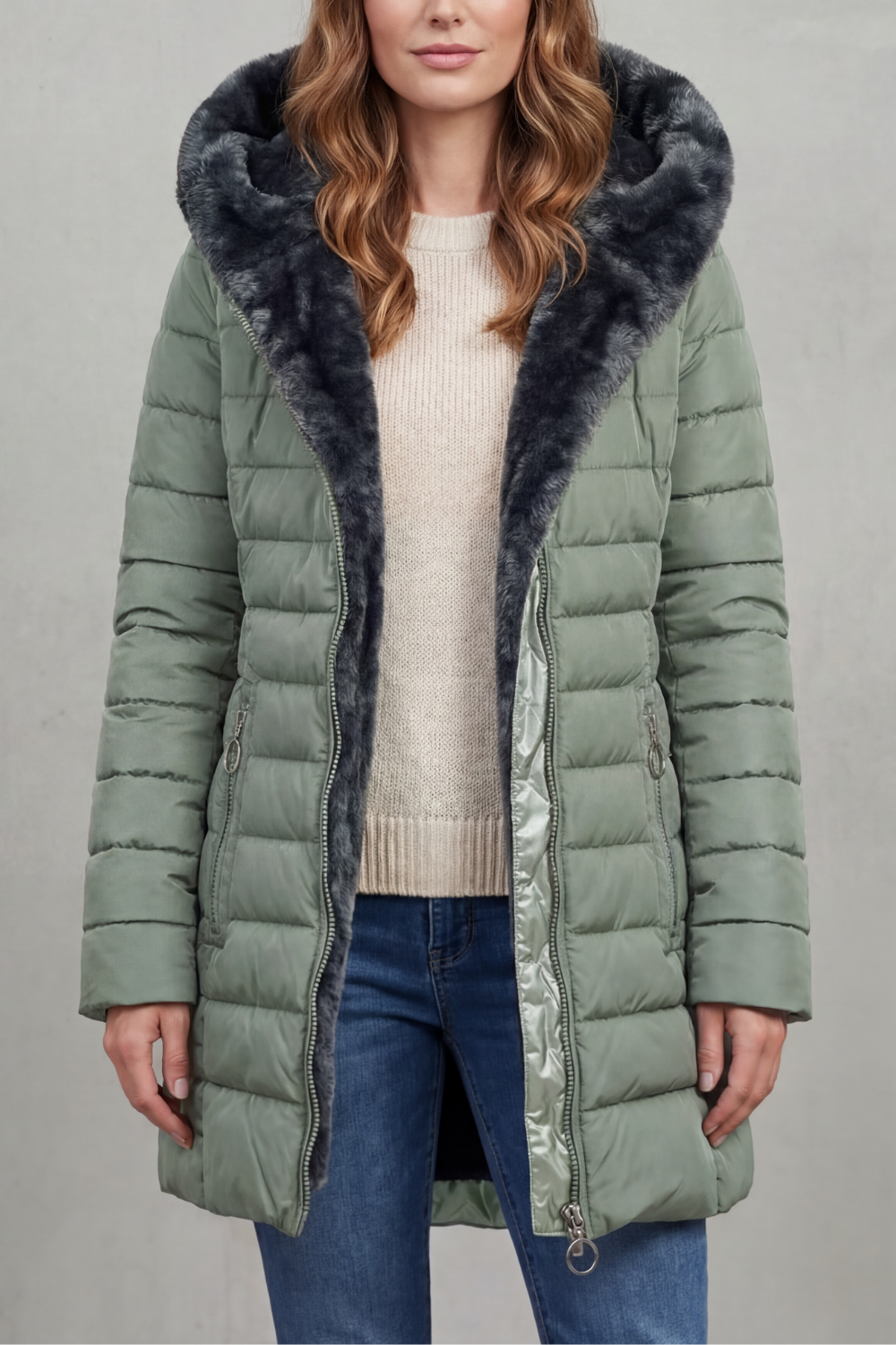 Sylvie | Pink Black Faux Fur Hood Winter Parka Coats — Pale Green