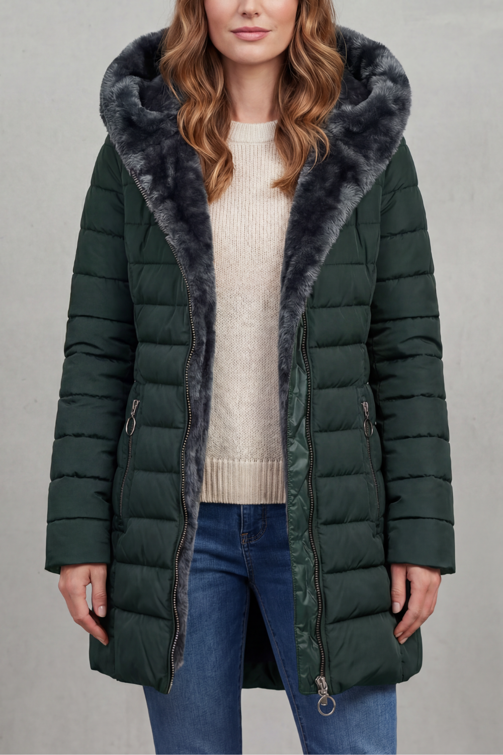 Sylvie | Pink Black Faux Fur Hood Winter Parka Coats — Dark Green