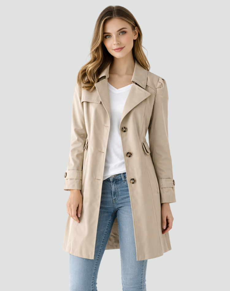 Capucine | Classic Brown Single Breasted Fur Trench Coat — Khaki