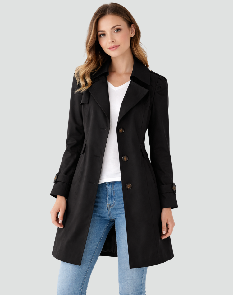 Capucine | Classic Brown Single Breasted Fur Trench Coat — Black