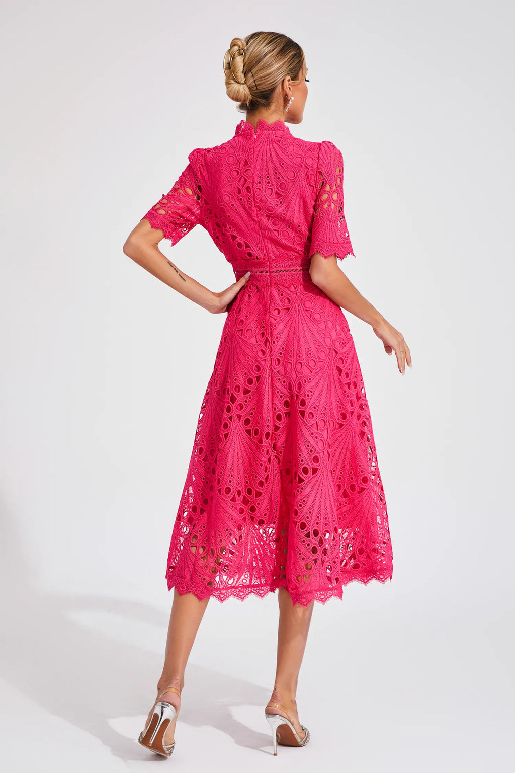 Clemence | Rose Lace High Neck Midi Dress