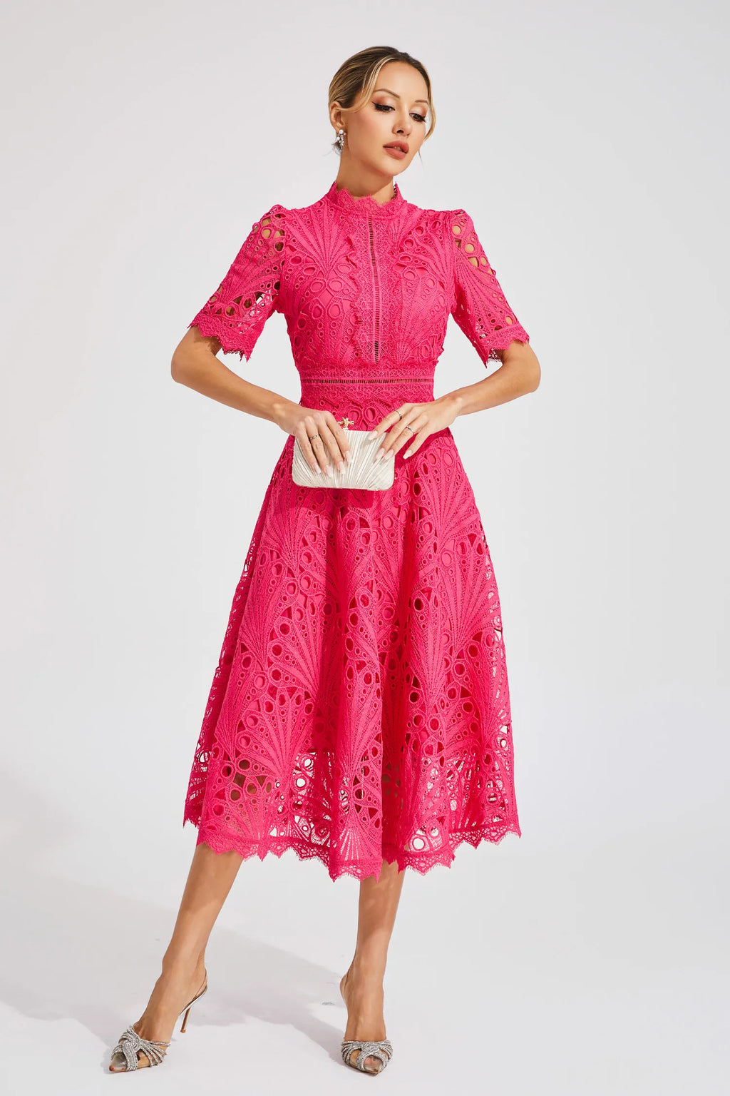 Clemence | Rose Lace High Neck Midi Dress