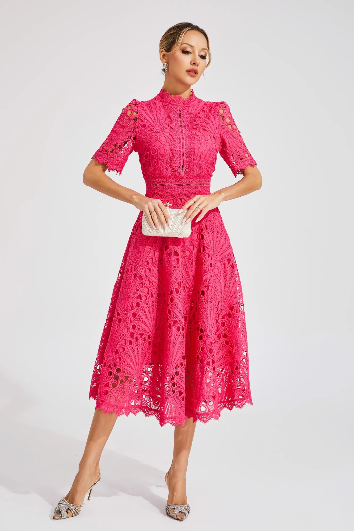 Clemence | Rose Lace High Neck Midi Dress