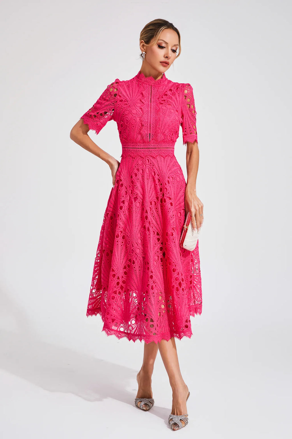 Clemence | Rose Lace High Neck Midi Dress