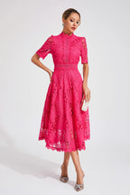 Clemence | Rose Lace High Neck Midi Dress