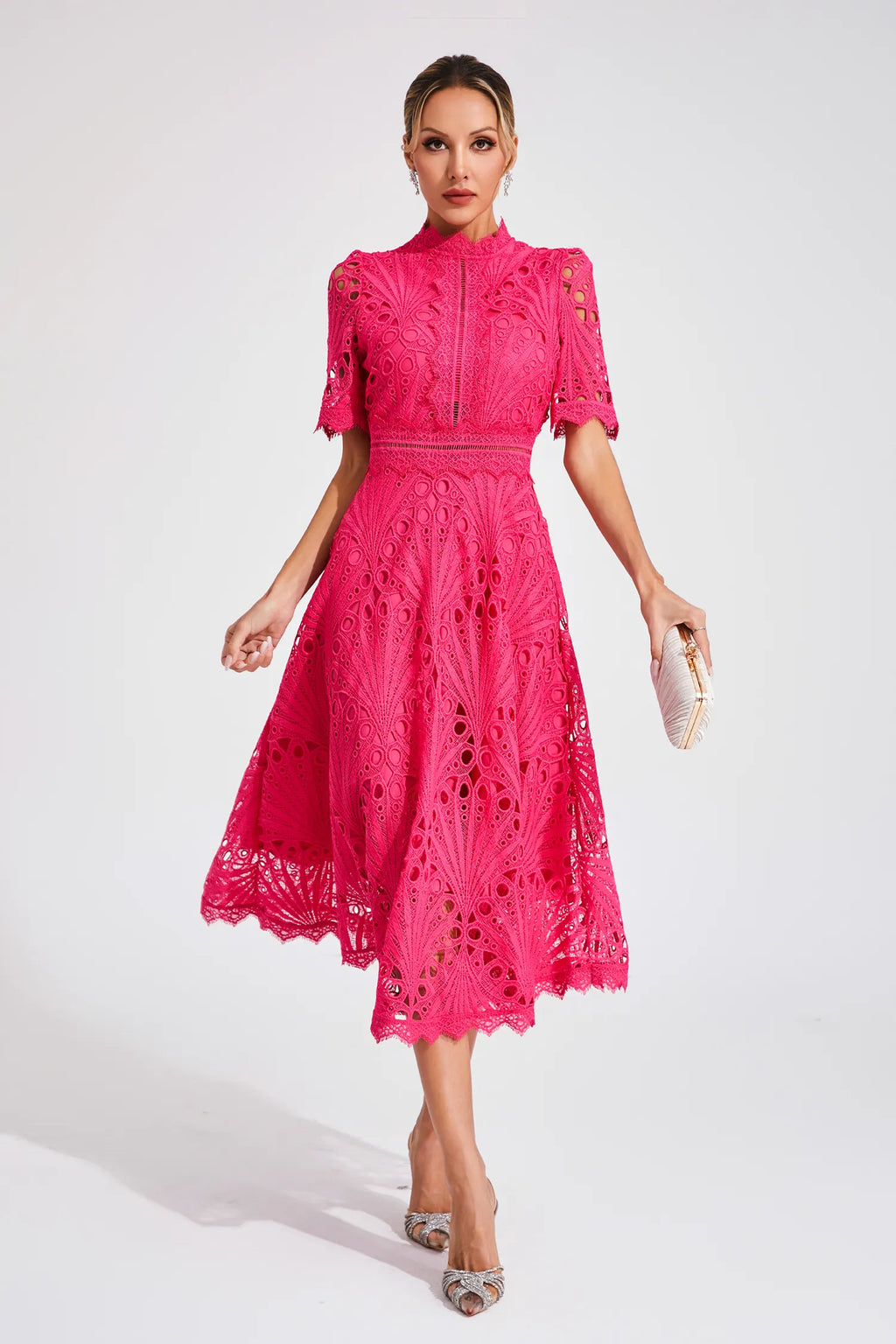 Clemence | Rose Lace High Neck Midi Dress