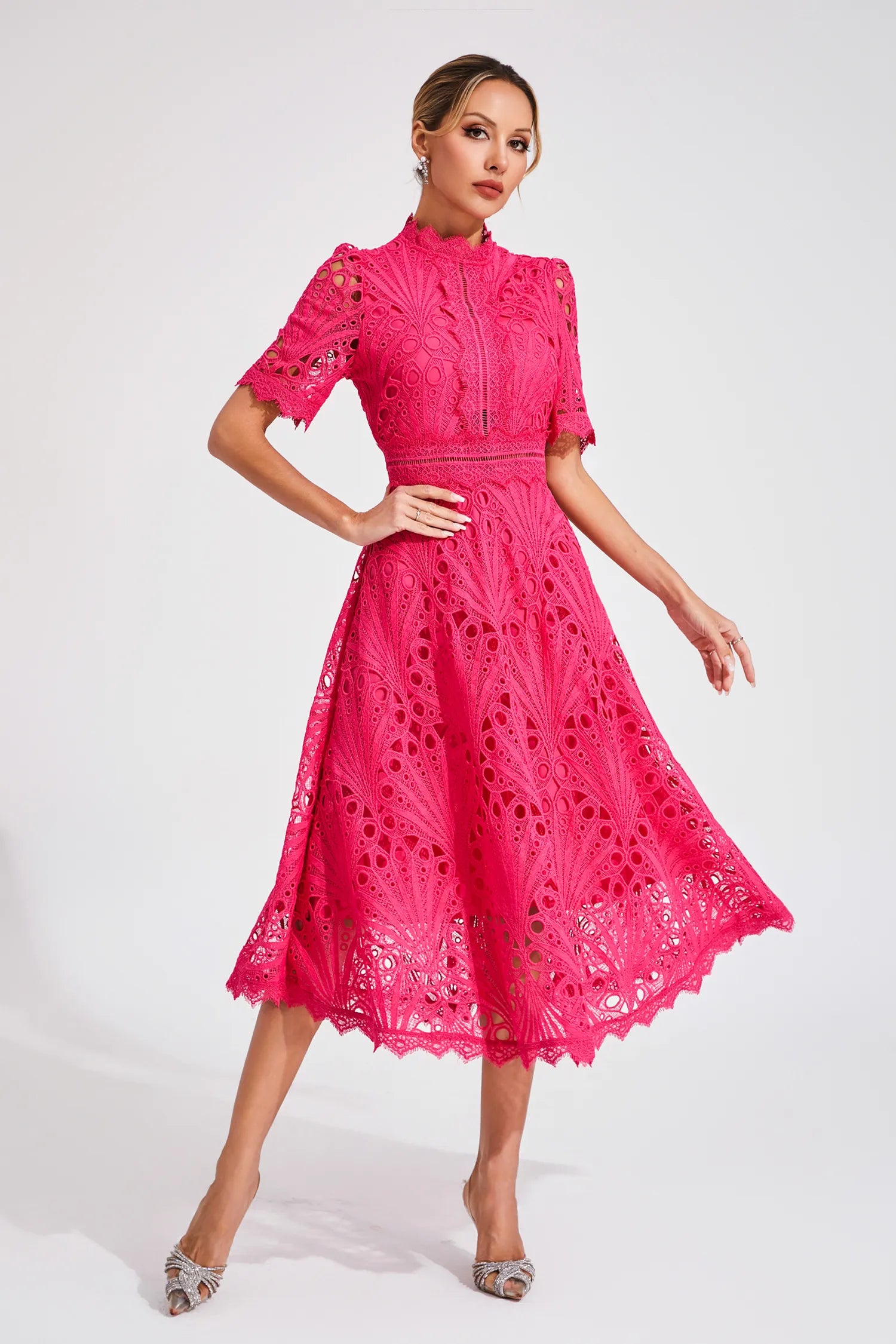Clemence | Rose Lace High Neck Midi Dress