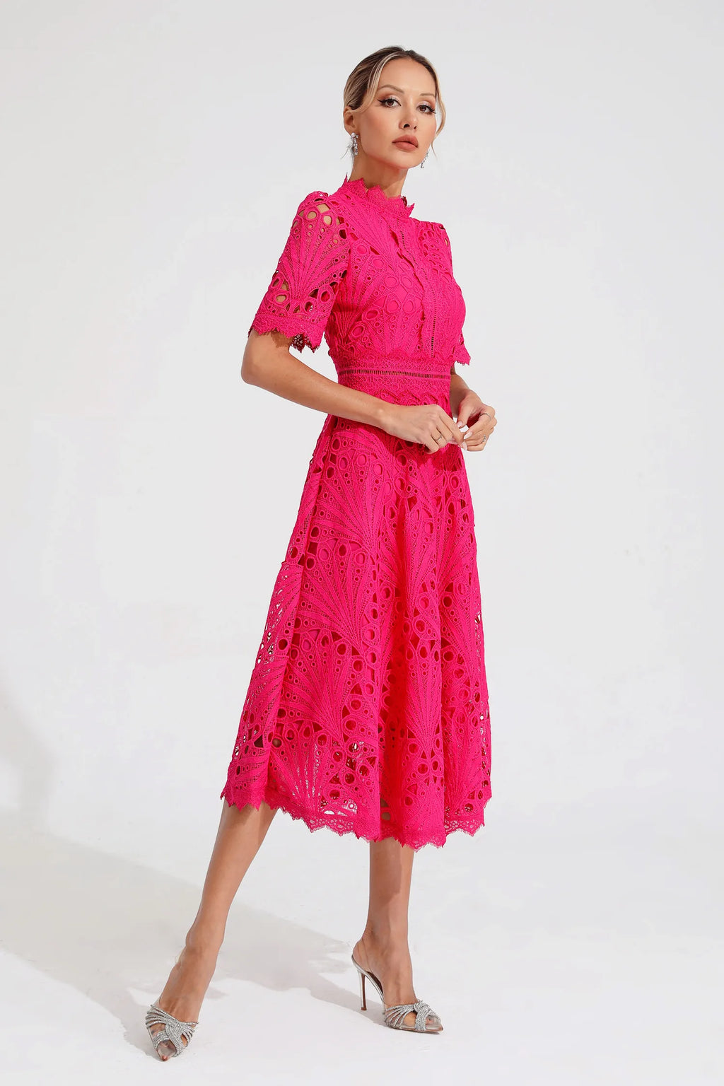 Clemence | Rose Lace High Neck Midi Dress