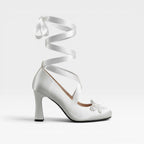 Honorine | Gold Block Heels For Wedding With Ribbon Lace Up