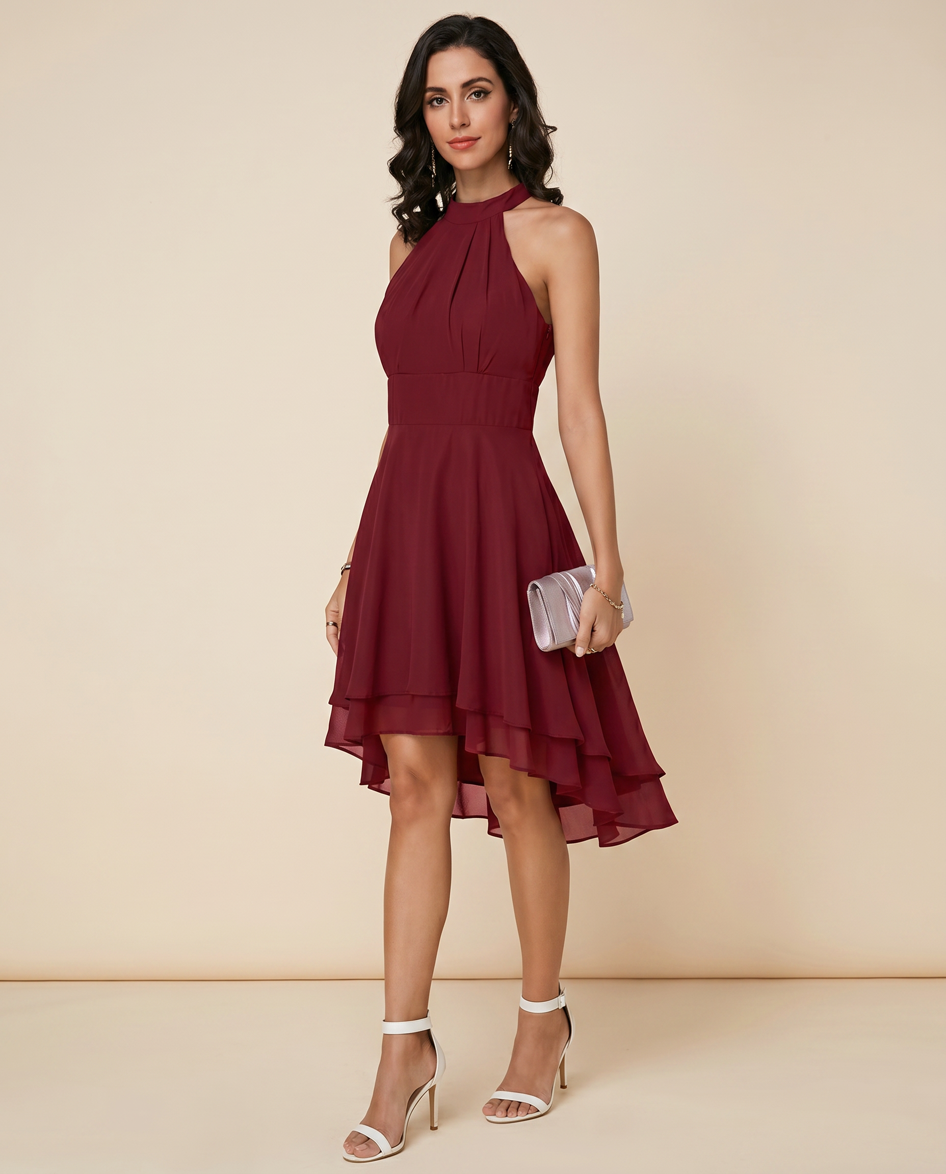 Ophelia | Black Halter Neck Cocktail Dress Midi Ruffle Party