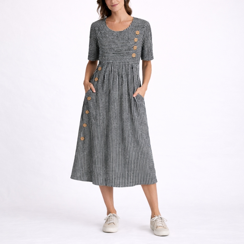 Lavinia | Striped Babydoll Midi Dress In Blue Beige Grey