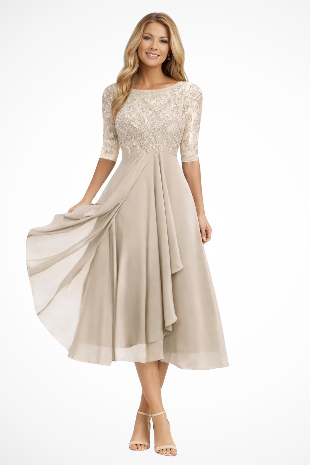 Edith | Women Long Sleeve Chiffon Midi Wedding Guest Dresses