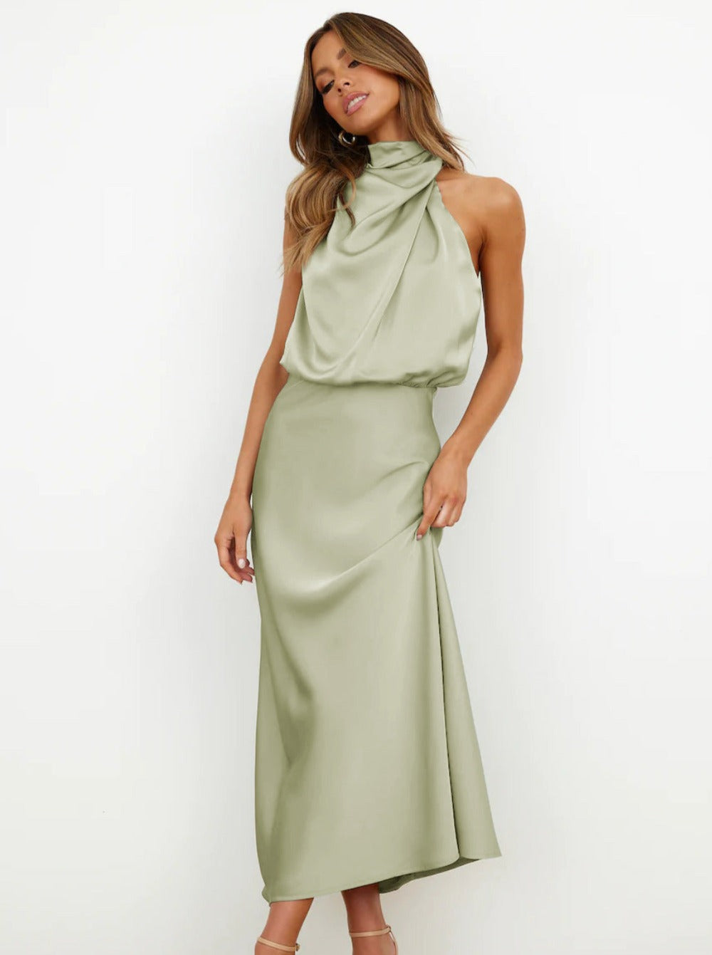 Helena | Women's Sage Green Halter Neck Maxi Wedding Guest Dress