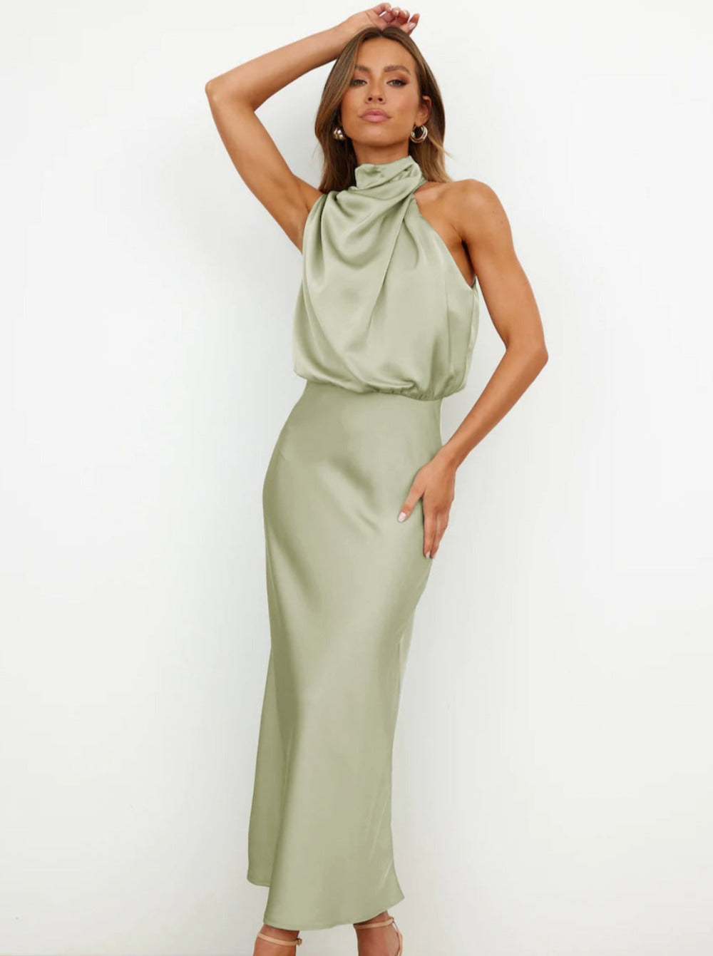 Helena | Women's Sage Green Halter Neck Maxi Wedding Guest Dress