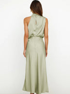Helena | Women's Sage Green Halter Neck Maxi Wedding Guest Dress
