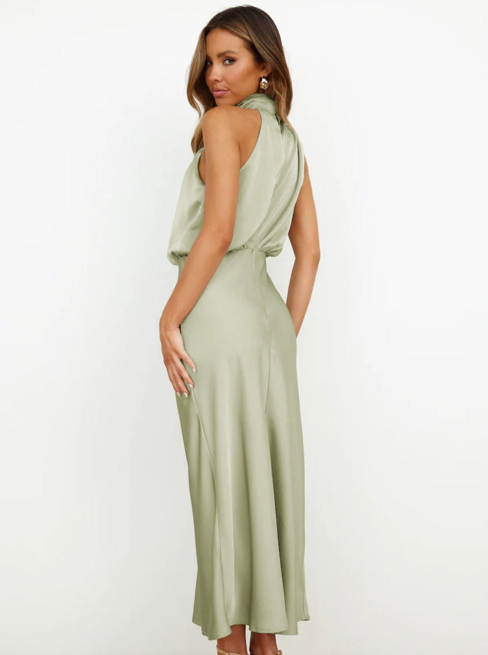 Helena | Women's Sage Green Halter Neck Maxi Wedding Guest Dress