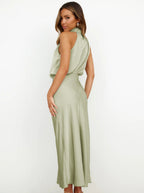 Helena | Women's Sage Green Halter Neck Maxi Wedding Guest Dress