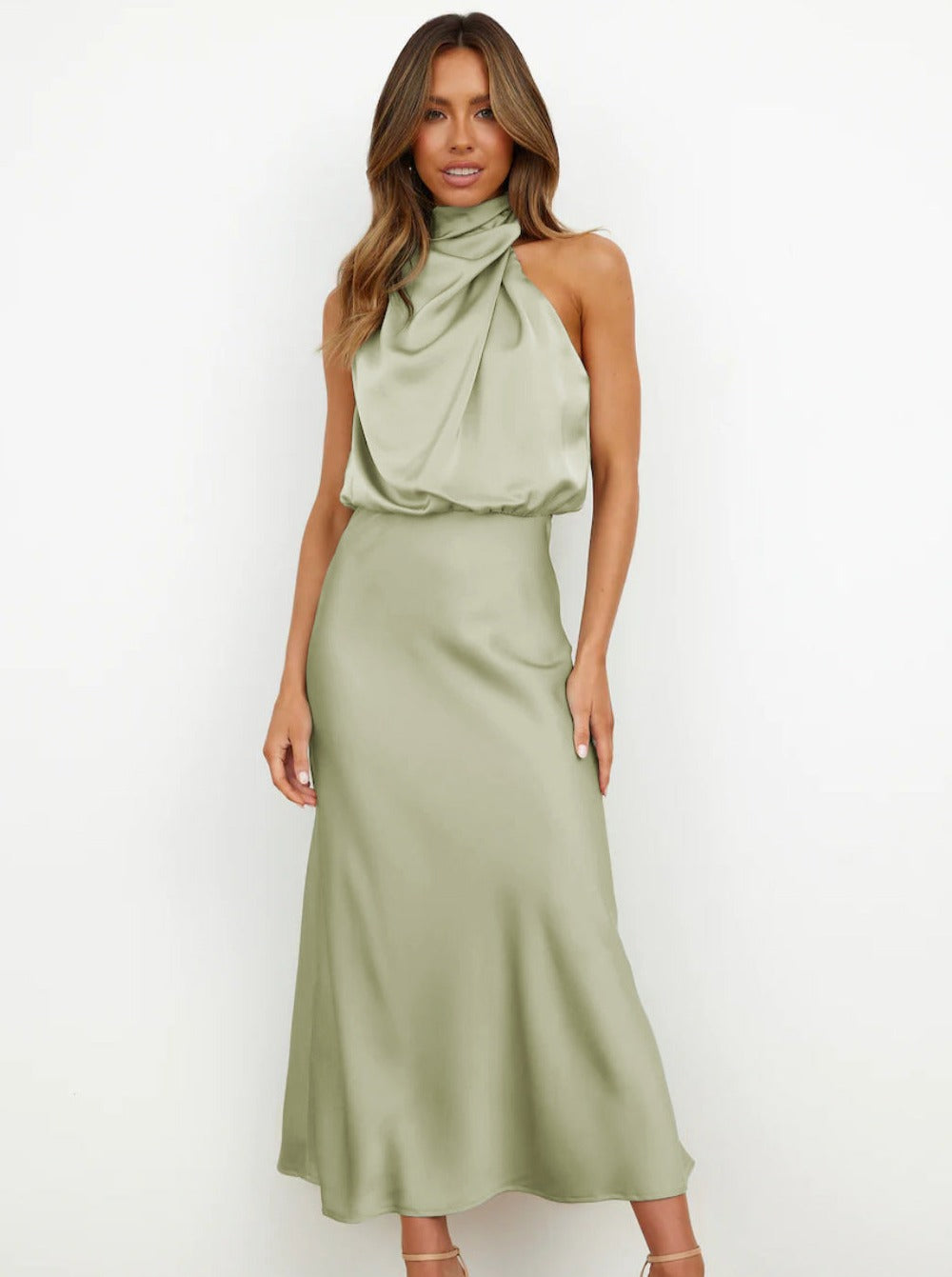 Helena | Women's Sage Green Halter Neck Maxi Wedding Guest Dress